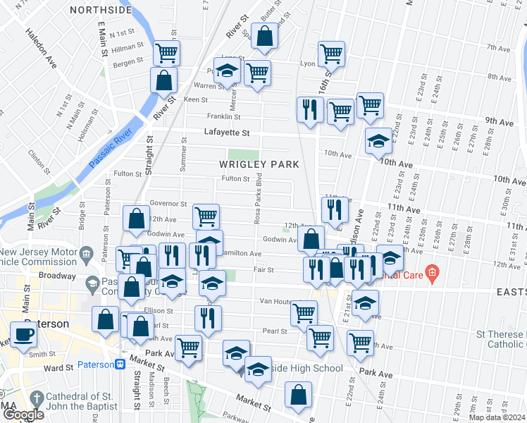 map of restaurants, bars, coffee shops, grocery stores, and more near 157 12th Avenue in Paterson