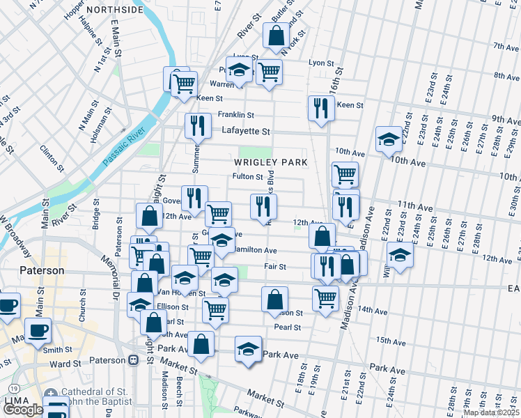 map of restaurants, bars, coffee shops, grocery stores, and more near 129 12th Avenue in Paterson