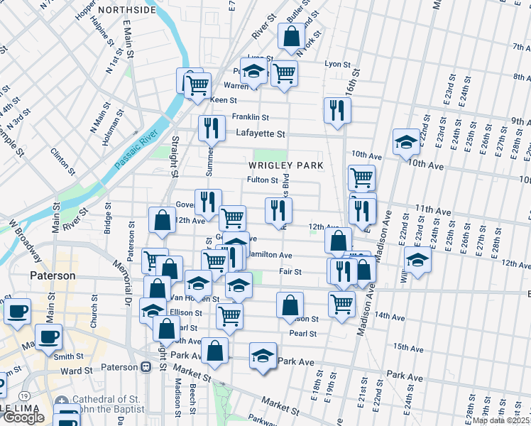 map of restaurants, bars, coffee shops, grocery stores, and more near 129 12th Avenue in Paterson