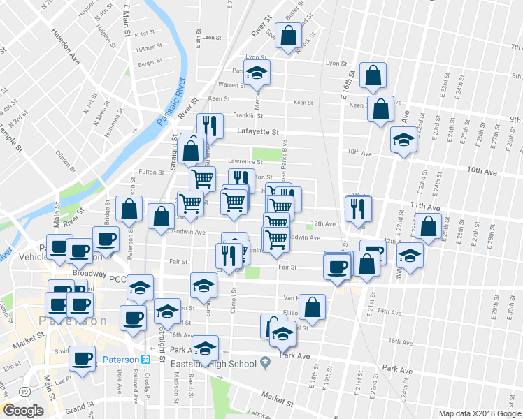 map of restaurants, bars, coffee shops, grocery stores, and more near 129 12th Avenue in Paterson