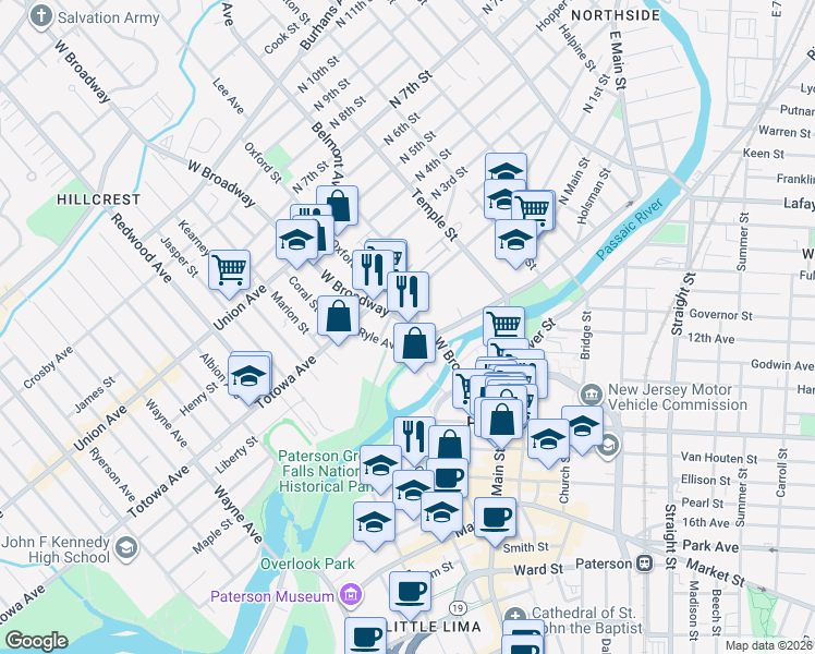 map of restaurants, bars, coffee shops, grocery stores, and more near 63 Ryle Avenue in Paterson