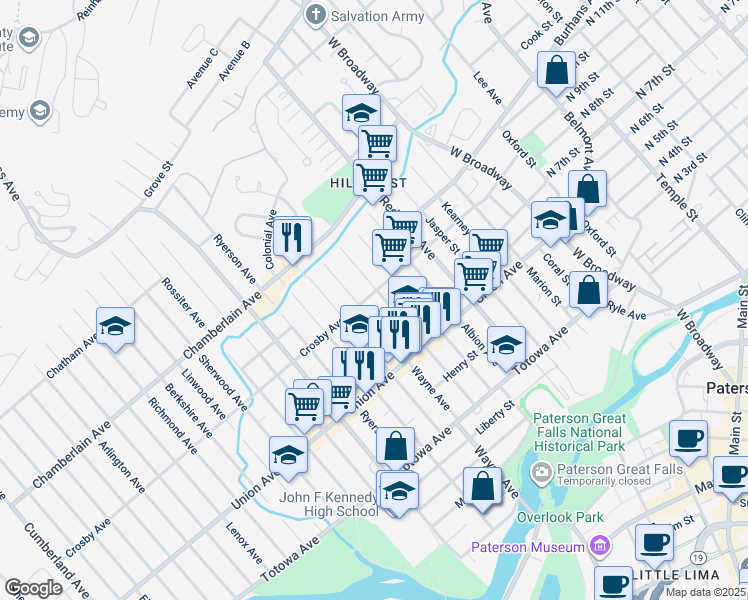map of restaurants, bars, coffee shops, grocery stores, and more near 224 1/2 226 Wayne Avenue in Paterson