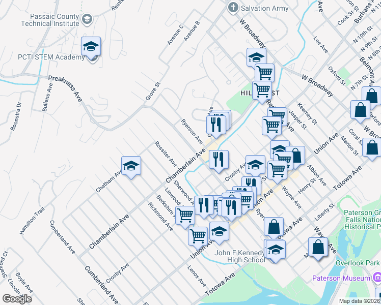 map of restaurants, bars, coffee shops, grocery stores, and more near 265 Chamberlain Avenue in Paterson
