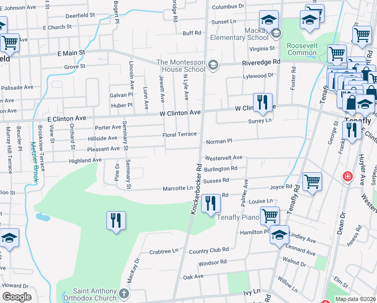 map of restaurants, bars, coffee shops, grocery stores, and more near 277 Knickerbocker Road in Tenafly
