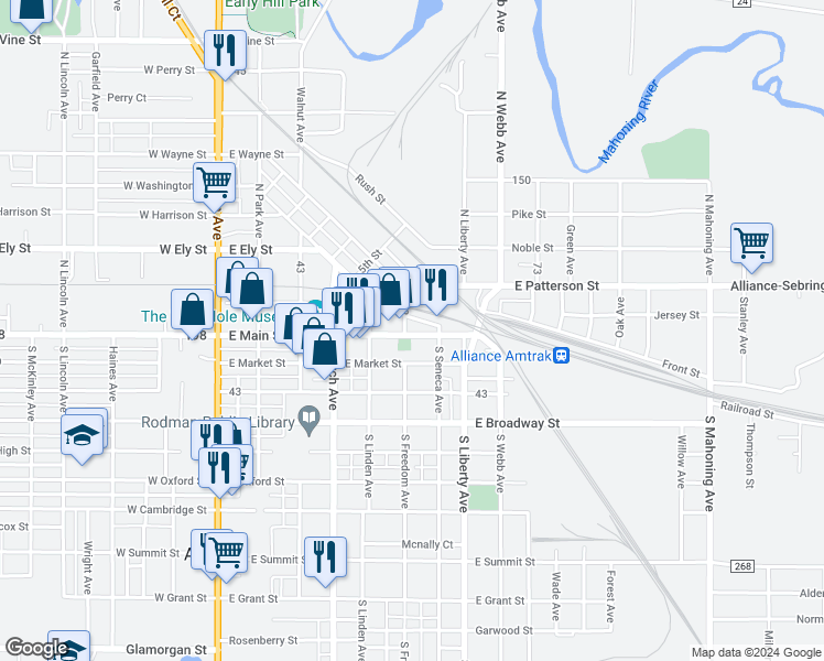 map of restaurants, bars, coffee shops, grocery stores, and more near 502 East Main Street in Alliance