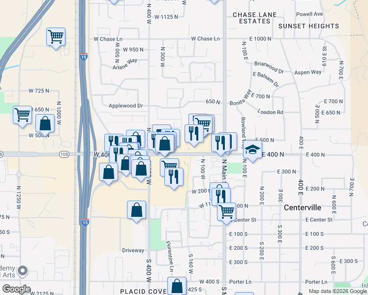 map of restaurants, bars, coffee shops, grocery stores, and more near 190 West 400 North in Centerville