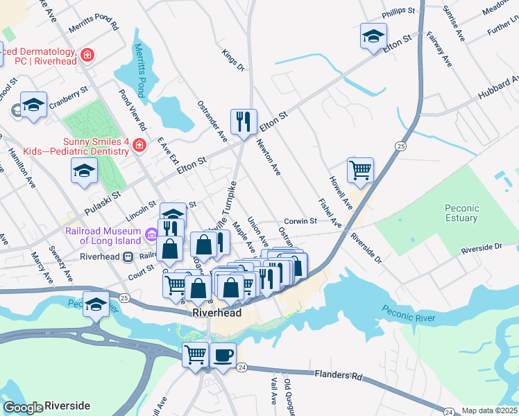 map of restaurants, bars, coffee shops, grocery stores, and more near 416 Union Avenue in Riverhead