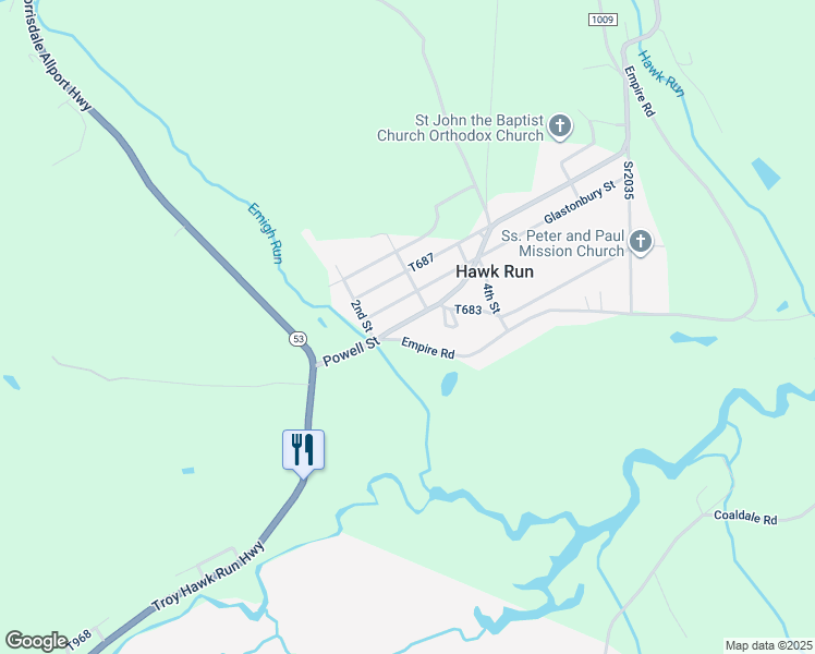 map of restaurants, bars, coffee shops, grocery stores, and more near 212 Powell Street in Hawk Run