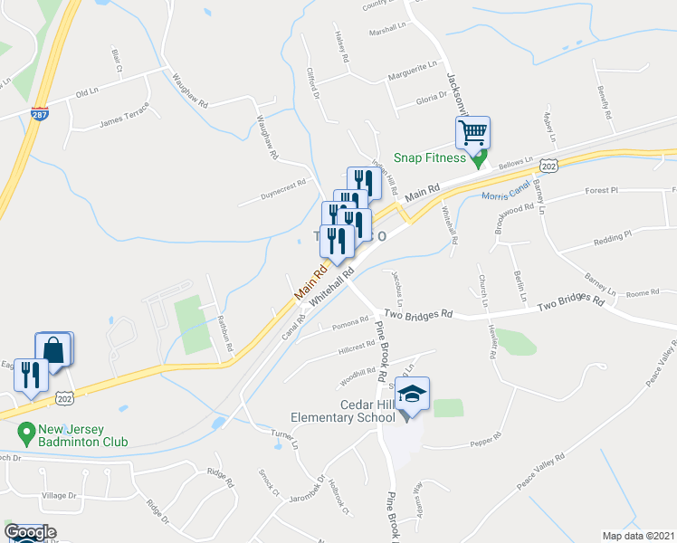 map of restaurants, bars, coffee shops, grocery stores, and more near 8 White Hall Road in Montville