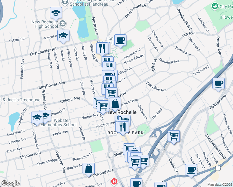 map of restaurants, bars, coffee shops, grocery stores, and more near 126 Beaufort Place in New Rochelle