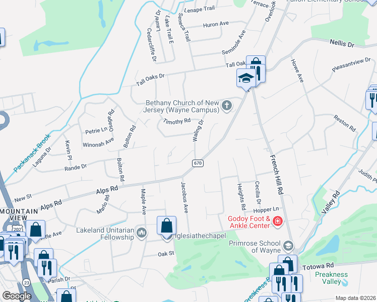 map of restaurants, bars, coffee shops, grocery stores, and more near 25 Thomas Terrace in Wayne