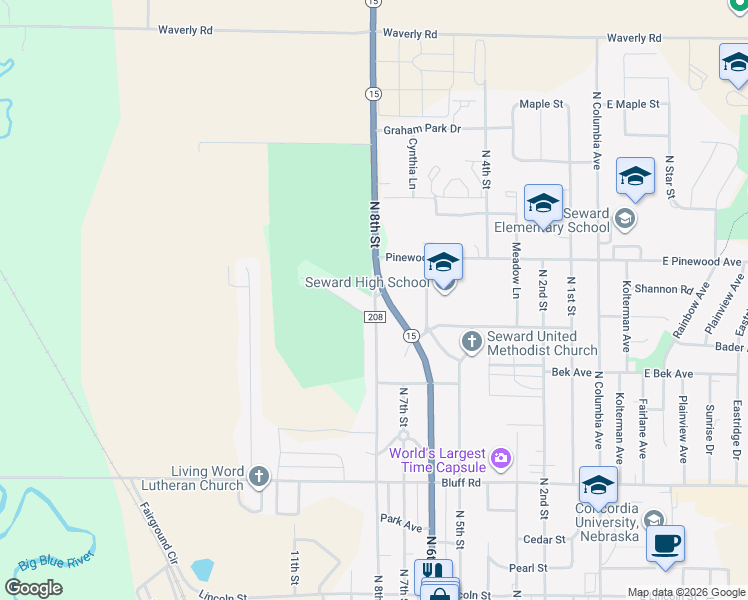 map of restaurants, bars, coffee shops, grocery stores, and more near 1763 State Highway 15 in Seward