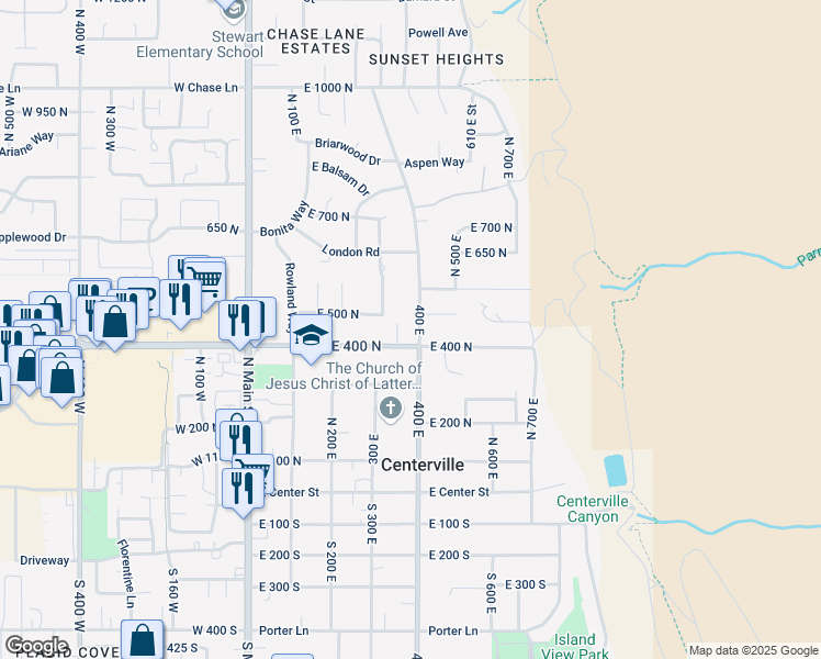 map of restaurants, bars, coffee shops, grocery stores, and more near 445 North 400 East in Centerville