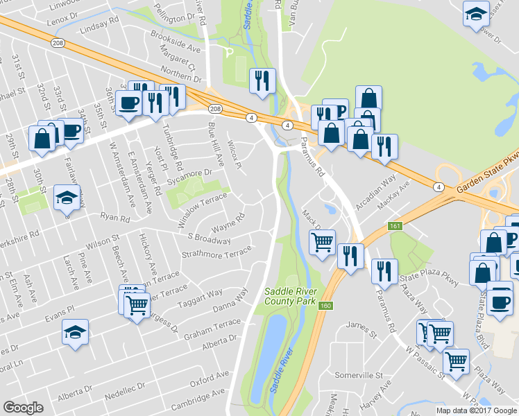 map of restaurants, bars, coffee shops, grocery stores, and more near 40-16 Windsor Road in Fair Lawn