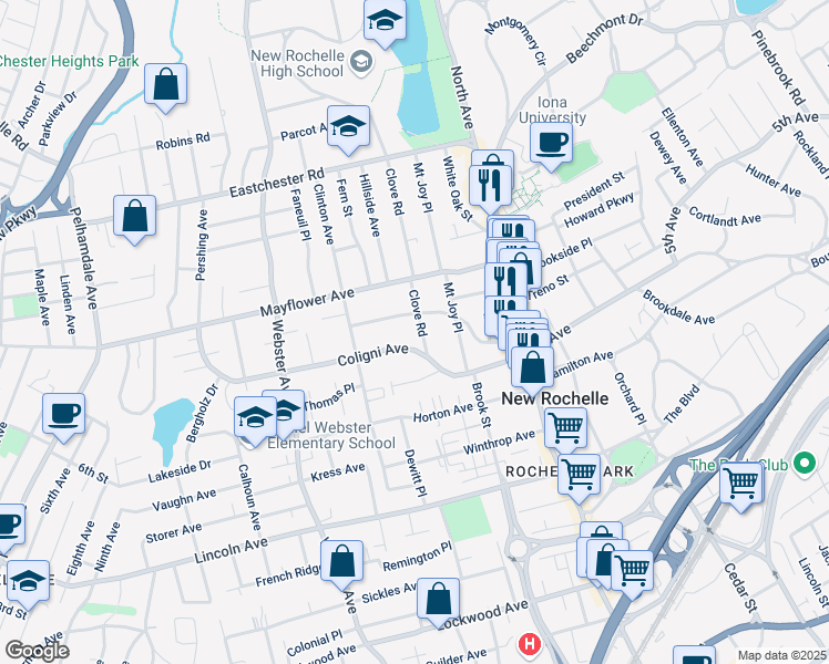 map of restaurants, bars, coffee shops, grocery stores, and more near 7 Clove Road in New Rochelle
