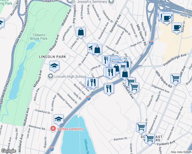 map of restaurants, bars, coffee shops, grocery stores, and more near 78 Belmont Avenue in Yonkers