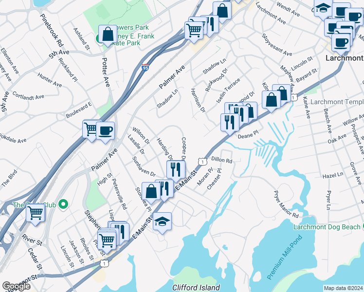 map of restaurants, bars, coffee shops, grocery stores, and more near 59 Cooper Drive in New Rochelle