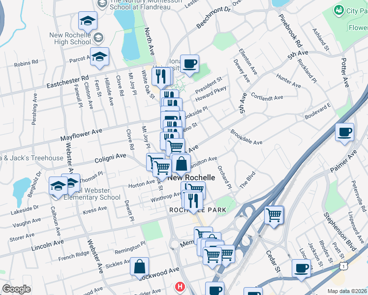 map of restaurants, bars, coffee shops, grocery stores, and more near 126 Beaufort Place in New Rochelle