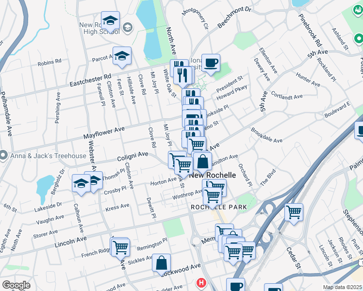 map of restaurants, bars, coffee shops, grocery stores, and more near 21 Mount Joy Place in New Rochelle