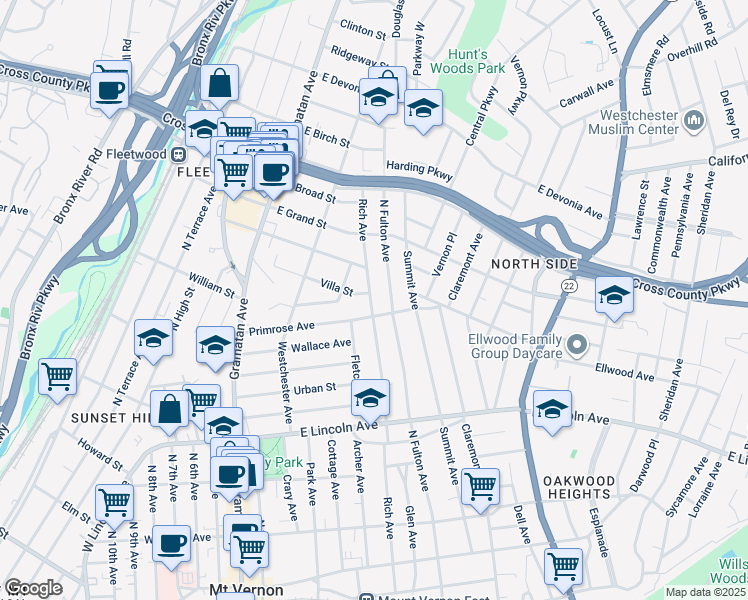 map of restaurants, bars, coffee shops, grocery stores, and more near 301 Rich Avenue in Mount Vernon
