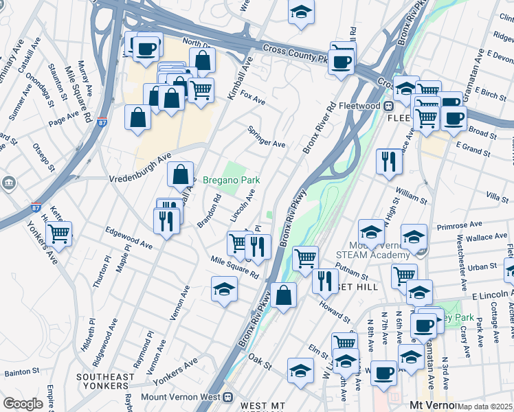map of restaurants, bars, coffee shops, grocery stores, and more near 176 Crescent Place in Yonkers