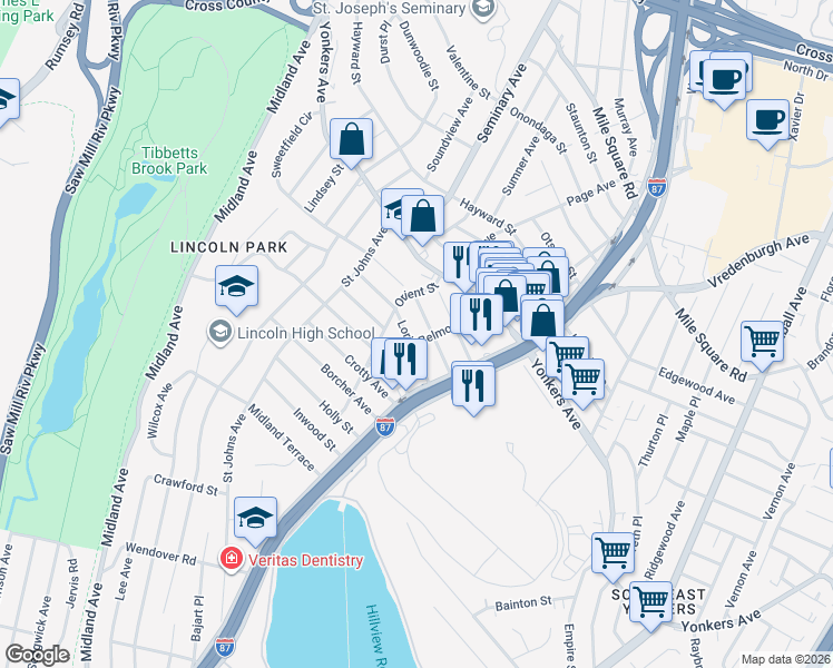 map of restaurants, bars, coffee shops, grocery stores, and more near 78 Belmont Avenue in Yonkers