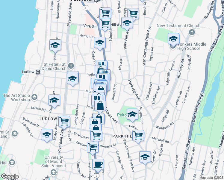 map of restaurants, bars, coffee shops, grocery stores, and more near 62 Park Hill Terrace in Yonkers