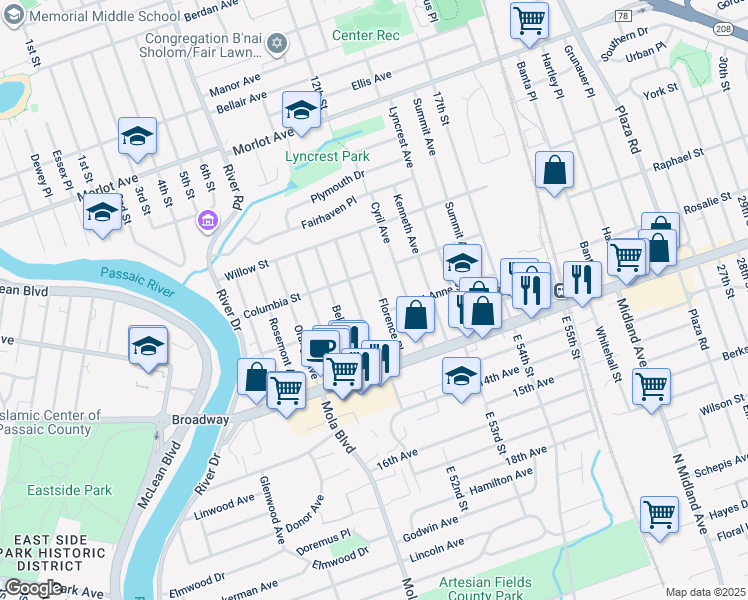 map of restaurants, bars, coffee shops, grocery stores, and more near 81 Magnolia Street in Elmwood Park