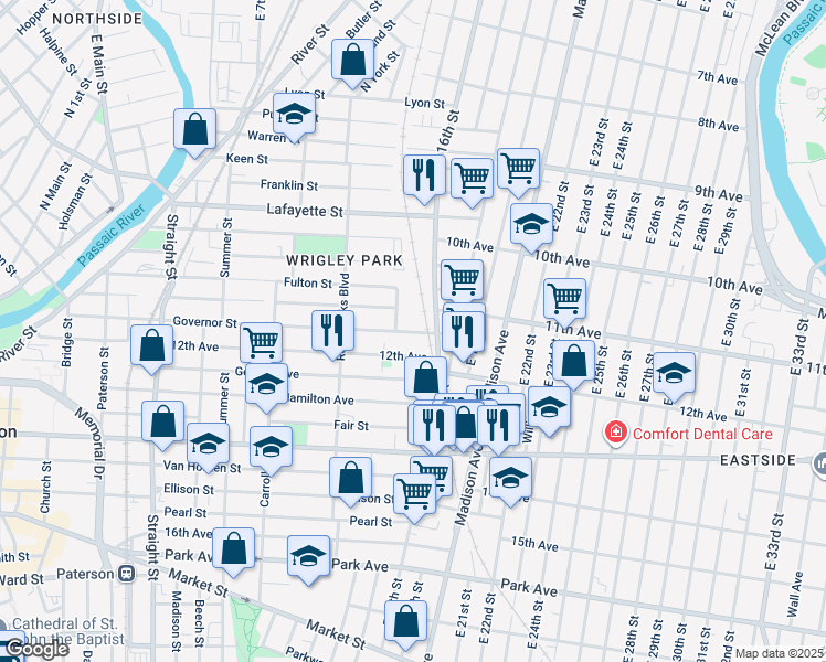 map of restaurants, bars, coffee shops, grocery stores, and more near 460 East 16th Street in Paterson