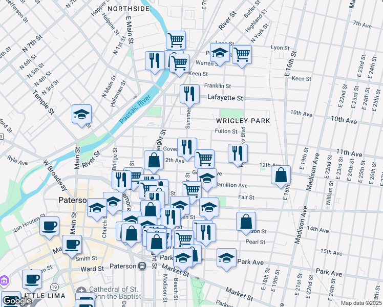 map of restaurants, bars, coffee shops, grocery stores, and more near 56 12th Avenue in Paterson