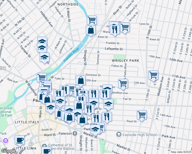 map of restaurants, bars, coffee shops, grocery stores, and more near 24 12th Avenue in Paterson