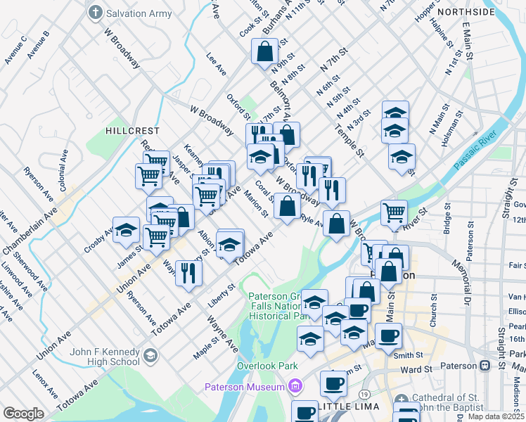 map of restaurants, bars, coffee shops, grocery stores, and more near 100 Kearney Street in Paterson