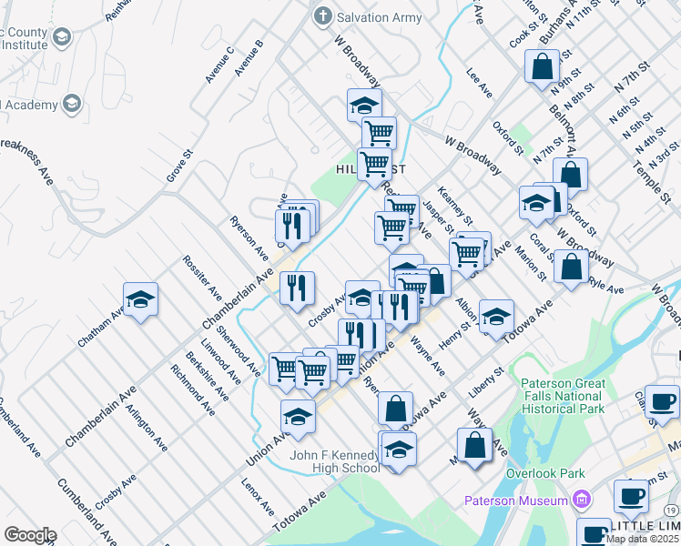 map of restaurants, bars, coffee shops, grocery stores, and more near 152 Manchester Avenue in Paterson