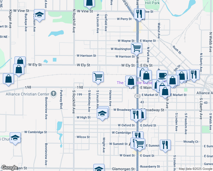 map of restaurants, bars, coffee shops, grocery stores, and more near 250 West Main Street in Alliance