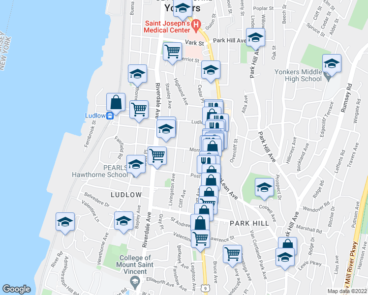 map of restaurants, bars, coffee shops, grocery stores, and more near 53 Morris Street in Yonkers