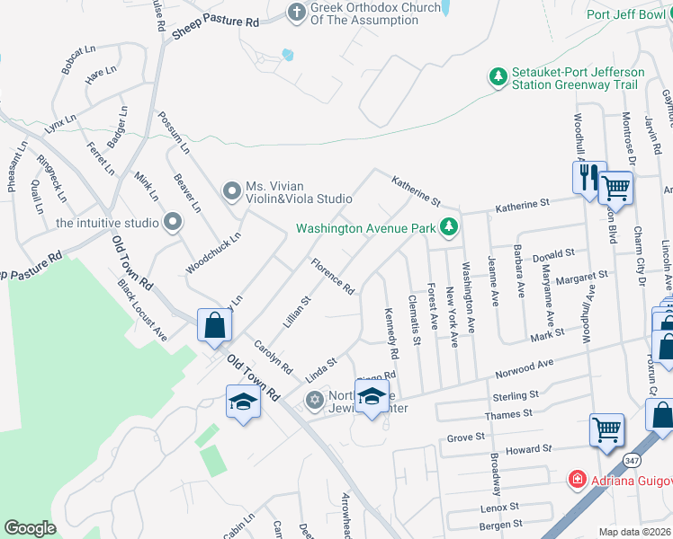 map of restaurants, bars, coffee shops, grocery stores, and more near 1 Paul Street in Port Jefferson Station