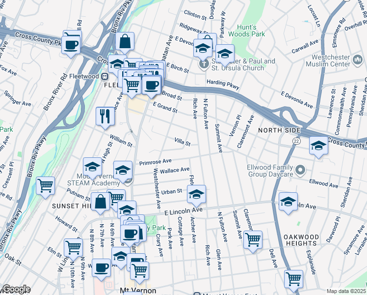 map of restaurants, bars, coffee shops, grocery stores, and more near 306 Livingston Street in Mount Vernon