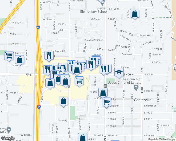 map of restaurants, bars, coffee shops, grocery stores, and more near 200 West 400 North in Centerville