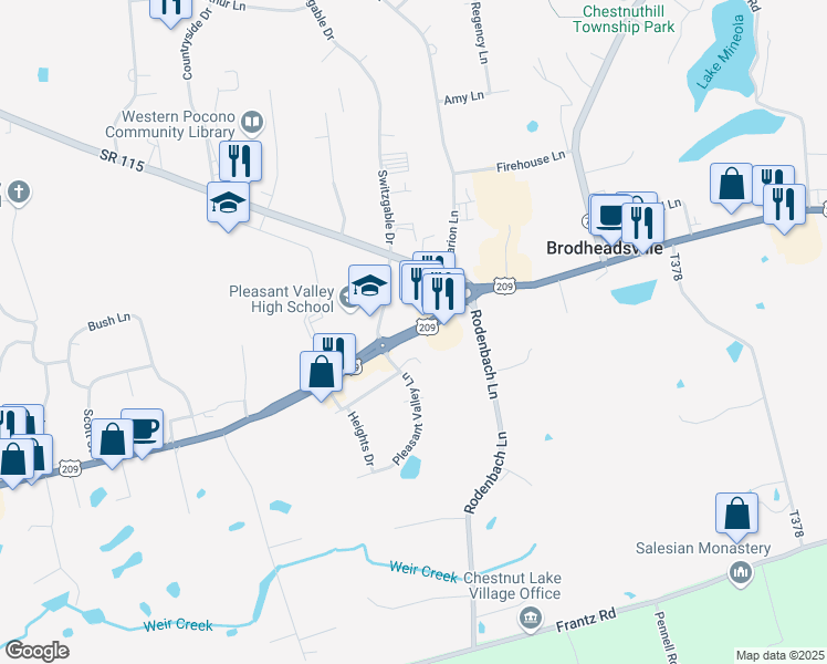map of restaurants, bars, coffee shops, grocery stores, and more near U.S. 209 in BRODHEADSVLLE