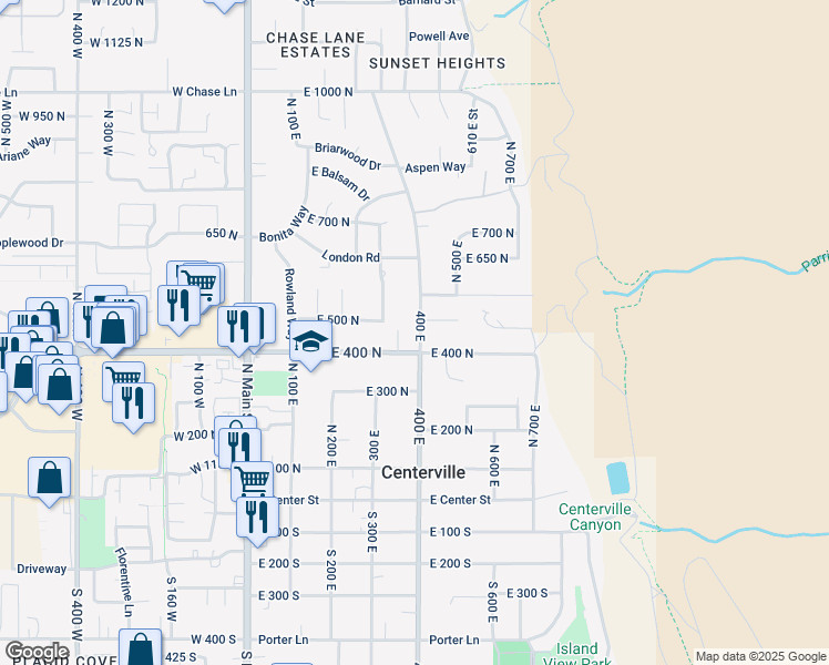 map of restaurants, bars, coffee shops, grocery stores, and more near 445 North 400 East in Centerville