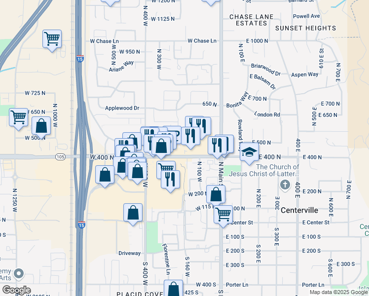 map of restaurants, bars, coffee shops, grocery stores, and more near 190 West 400 North in Centerville