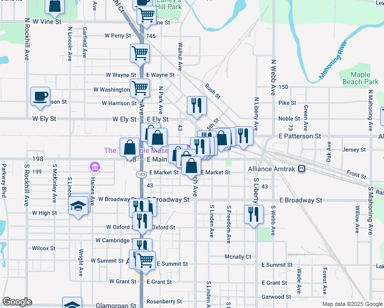 map of restaurants, bars, coffee shops, grocery stores, and more near 221 East Main Street in Alliance