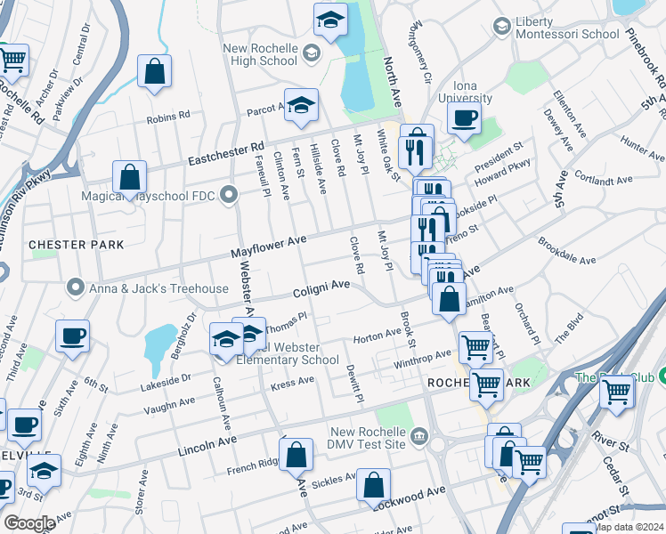 map of restaurants, bars, coffee shops, grocery stores, and more near 119 Coligni Avenue in New Rochelle