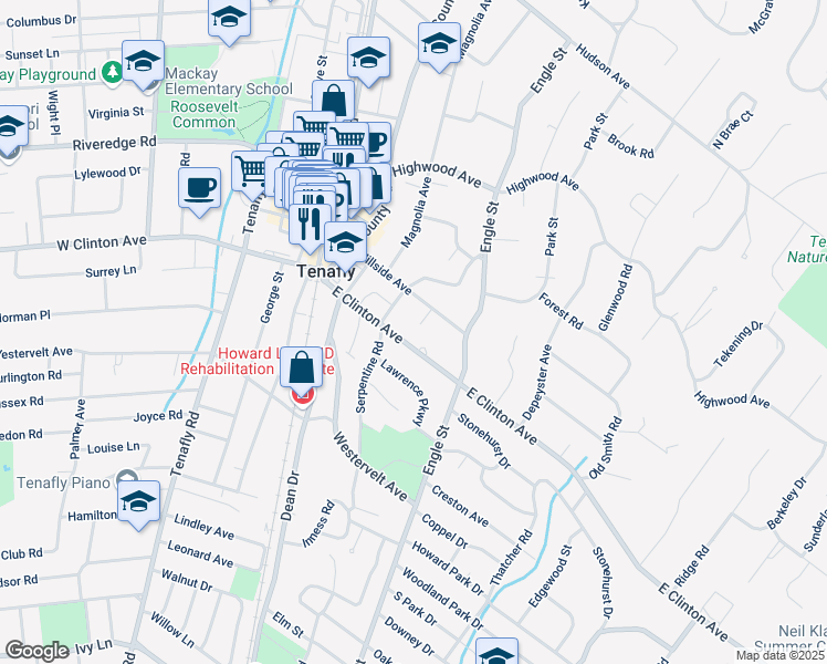 map of restaurants, bars, coffee shops, grocery stores, and more near 60 East Clinton Avenue in Tenafly