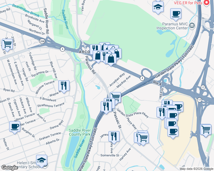 map of restaurants, bars, coffee shops, grocery stores, and more near 74 Paramus Road in Paramus
