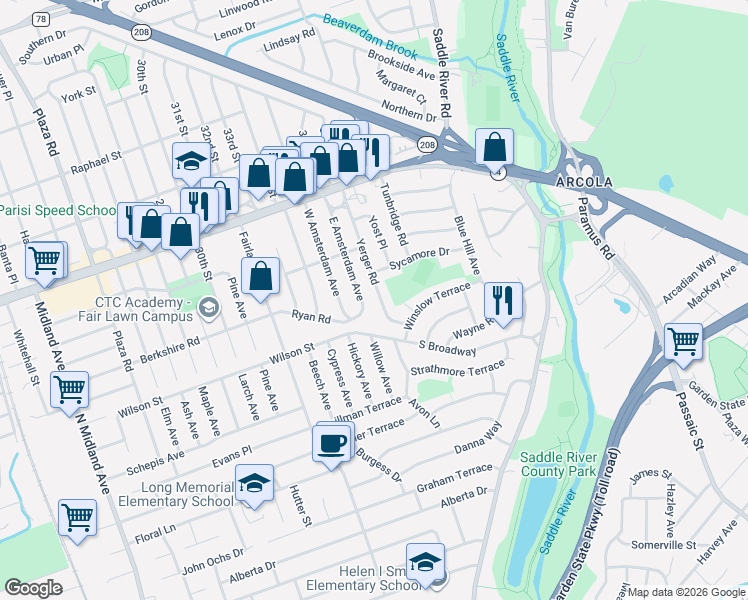 map of restaurants, bars, coffee shops, grocery stores, and more near 5 East Amsterdam Avenue in Fair Lawn