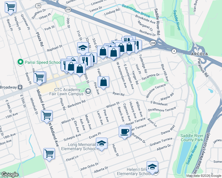 map of restaurants, bars, coffee shops, grocery stores, and more near 33-07 Ryan Road in Fair Lawn
