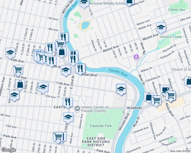 map of restaurants, bars, coffee shops, grocery stores, and more near 38 East 37th Street in Paterson