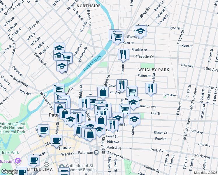 map of restaurants, bars, coffee shops, grocery stores, and more near 107 Straight Street in Paterson