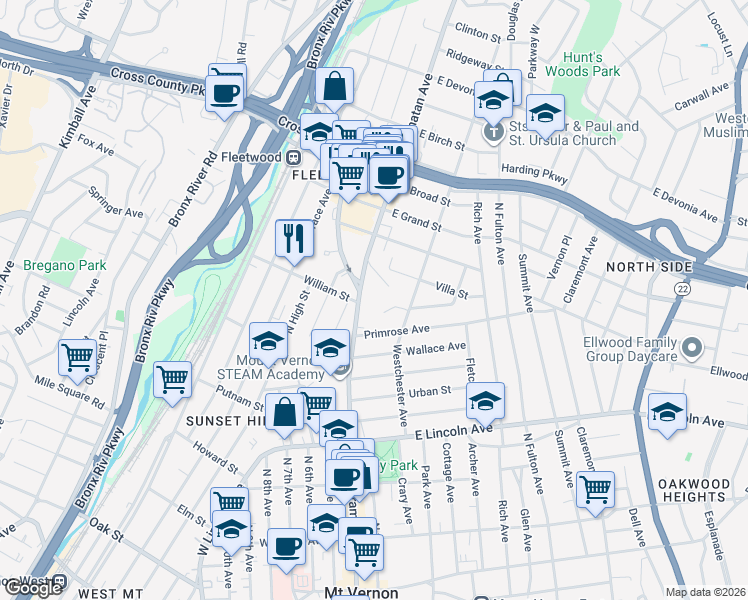 map of restaurants, bars, coffee shops, grocery stores, and more near 445 Gramatan Avenue in Mount Vernon